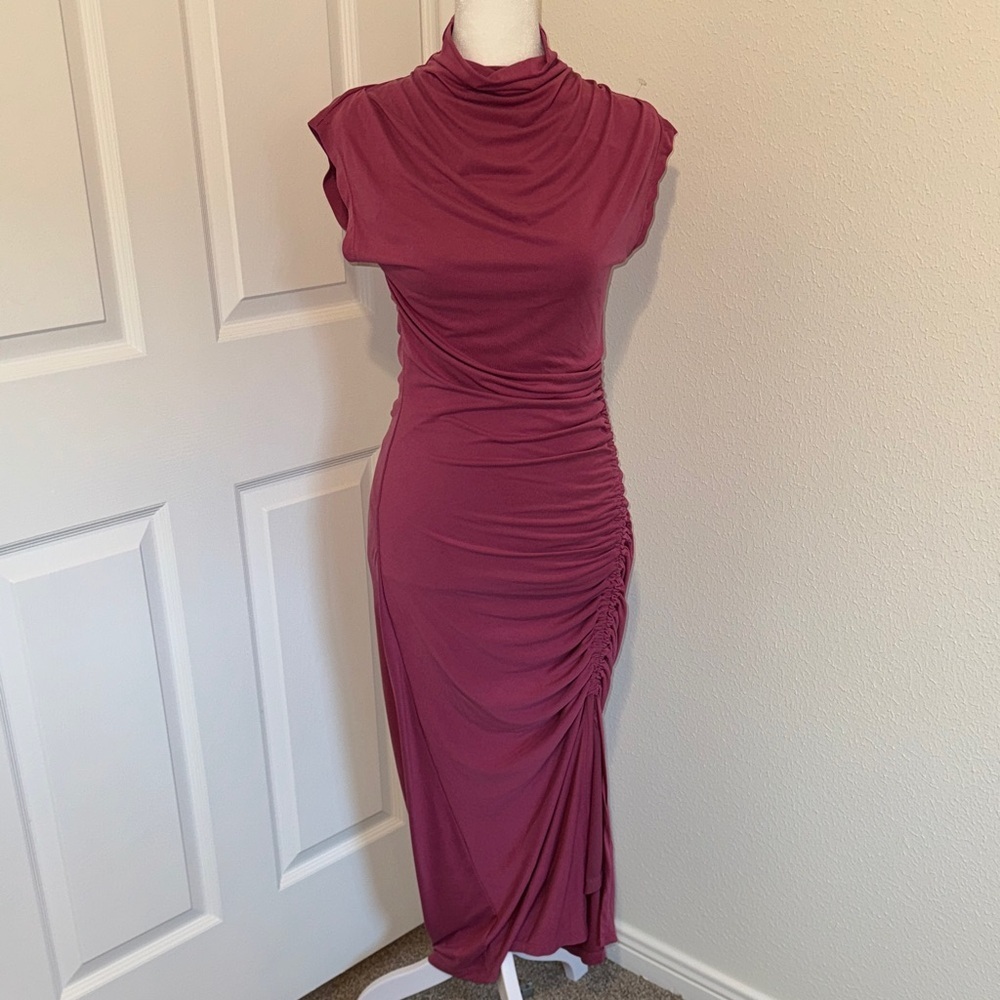 House of Harlow 1960 Pink Body-con Ruched Asymmetrical Midi Dress